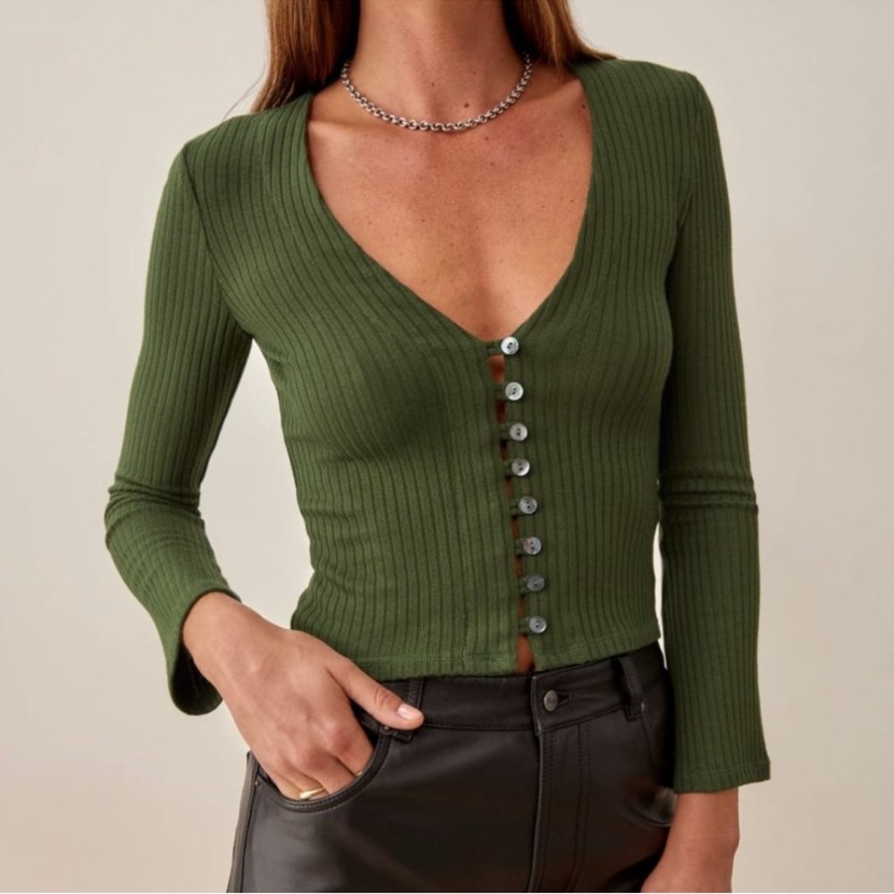 Reformation Olive Green Ribbed Button-Front Long Sleeve Top